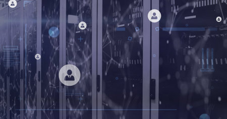 Networks and people icons moving over computer servers. Communication network, data and digital...