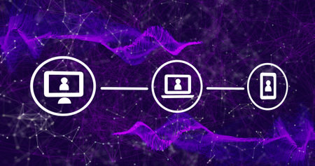 Composite of network with icons and data processing over purple background. Global connections,...