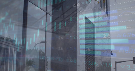 The image features a tall grey office building on a cloudy day, with image of financial data and...