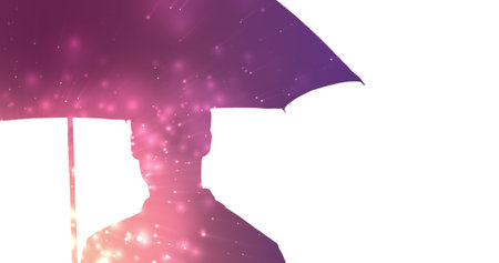 Silhouette of man under umbrella filled with glowing pink light spots on white background. Business,...