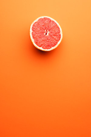 Close up of half of red grapefruit and copy space on orange background. Fruit, food, freshness and colour concept.の写真素材