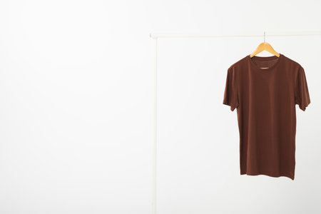Brown t shirt on hanger hanging from clothes rail with copy space on white background. Fashion, clothes, colour and fabric concept.の写真素材