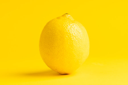 Close up of lemon and copy space on yellow background. Fruit, exotic fruit, food, freshness and colour concept.の写真素材