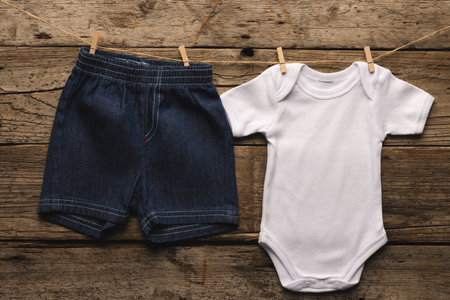 White baby grow and denim shorts hanging with clothes pegs with copy space on wooden background. Baby fashion, clothes, colour and fabric concept.の写真素材