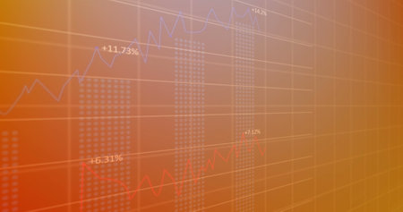 Image of statistical data processing over grid network against orange gradient background. Computer interface and business data technology conceptの写真素材