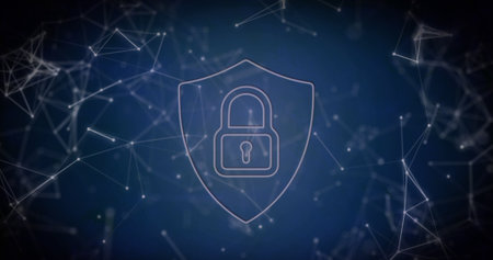 Image of security padlock icon and network of connections against blue background. Cyber security...