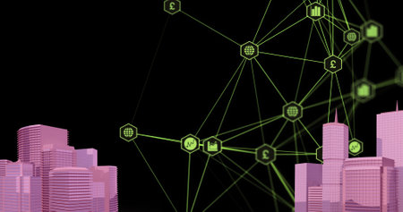 Image of digital network of connections with icons over pink 2d cityscape model. global networks, connections and digital interface concept digitally generated image.の写真素材