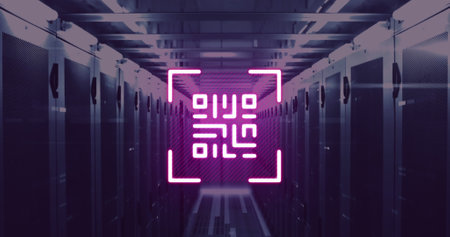 Image of qr code and data processing over computer servers. Global cyber security, business,...