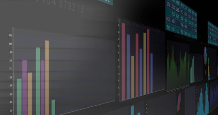 Image of multiple screens with statistical data processing against grey background. Computer interface and business data technology conceptの写真素材