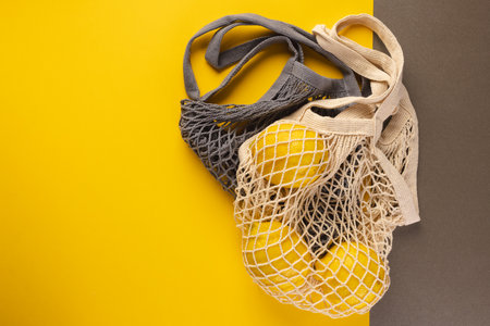 Brown and ecru mesh net bags with lemons and copy space on brown and yellow background. Shopping,...