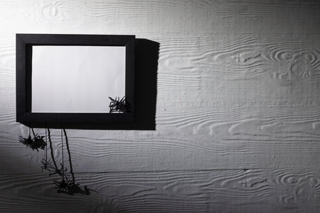 Black frame with copy space and spiders on white background. Halloween, colour, movement and smoke concept.の写真素材