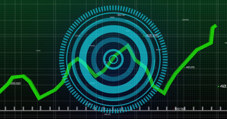 Image of financial data processing over scope scanning on black background. Global business,...