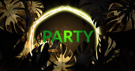 Image of party text and neon circles over leaves on black background. Retro future and digital interface concept digitally generated image.の写真素材