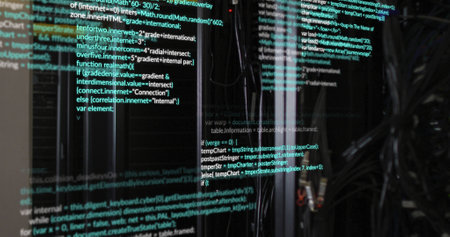Image of data processing over server room. Global technology and digital interface concept, digitally generated image.の写真素材