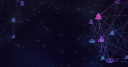 Image of connected icons and dots forming geometric shapes against abstract background. Digitally generated, hologram, communication, notification, social media and technology concept.の写真素材