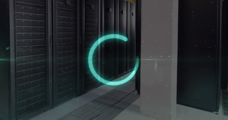 Image of loading circle and spots over server room. Global business and digital interface concept...