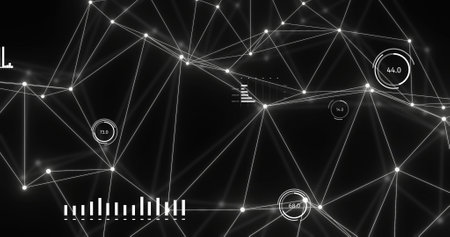 Image of bright white network and data processing over distant network on black background....