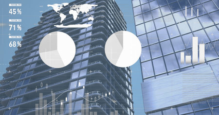 Image of financial data processing over modern buildings. Global business, finances, computing and...