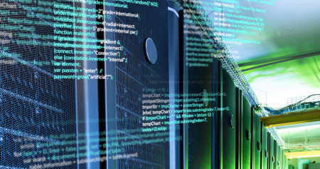 Image of data processing against empty computer server room. Computer interface and business data...
