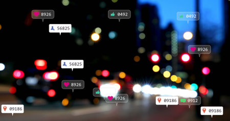 Image of social media icons and numbers over out of focus city lights. global social media,...