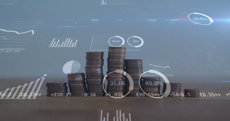 Image of financial data processing over stacks of coins. Global business, finances, computing and...