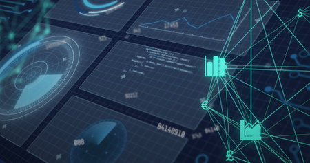 Composition of globe with connections and data processing on screens. Global connections, digital...