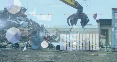 Image of infographic interface over scrap shearing machine pilling up metal scrap. Digital...