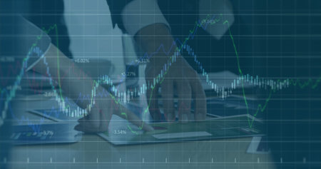 Image of financial statistics recording over businessmen in meeting checking data. global finances...