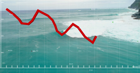 Composition of sea, red line and data processing. Global connections, digital interface and data...