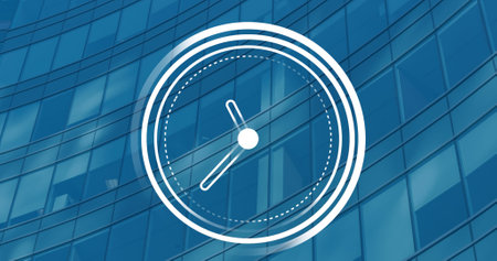 Image of ticking clock icon against view of tall building. Computer interface and business...
