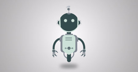 Illustration of ai chat bot and copy space on grey background. Global artificial intelligence, data processing and digital interface concept digitally generated image.の写真素材