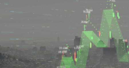 Image of financial data processing over cityscape. Global business, finances and digital interface concept digitally generated image.の写真素材