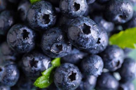 Micro close up of blueberries with copy space. Micro photography, fruit, food, texture and colour concept.の写真素材