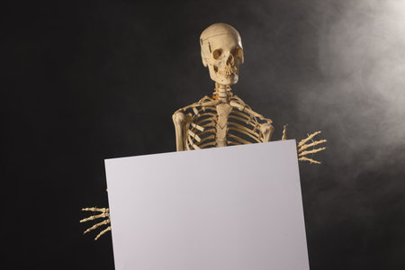 Plastic skeleton holding paper sheet and smoke with copy space on black background. Fall, autumn,...