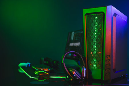 Composite of computer, keyboard with video game accessories with copy space on neon background. Video game and digital connections concept digitally generated image.の写真素材