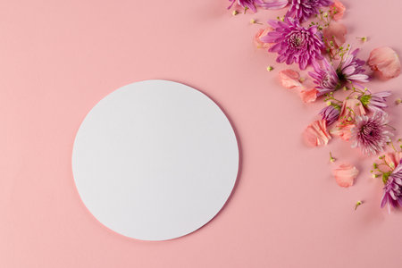 Pink flowers and white circle with copy space on pink background. Flower, plant, shape, nature and colour concept.の写真素材