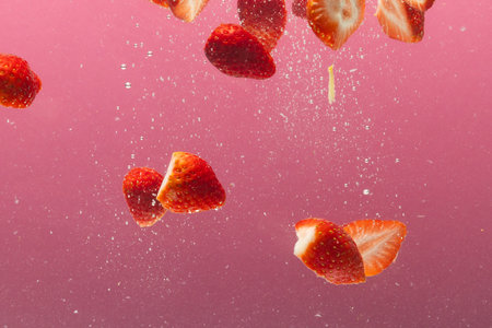 Close up of strawberries falling into water with copy space on pink background. Fruit, vegan food and colour concept.の写真素材