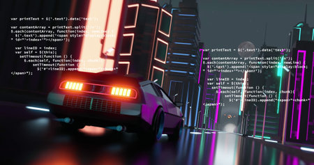 Image of digital interface with data processing over car driving. Global connections, networks, data...