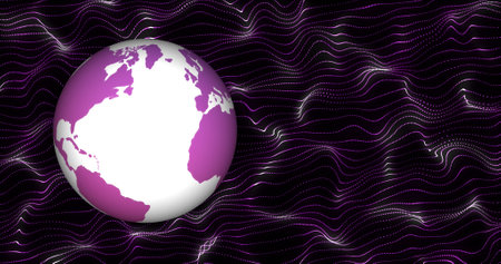 Composite of globe over purple network of lines on black background. Global networks, connections and digital interface concept digitally generated image.の写真素材