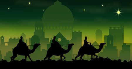 Composition of three wise men on camels over city on green background. Christmas, tradition and...