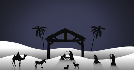 Composition of nativity scene on snow on blue background. Christmas tradition and celebration concept digitally generated image.の写真素材