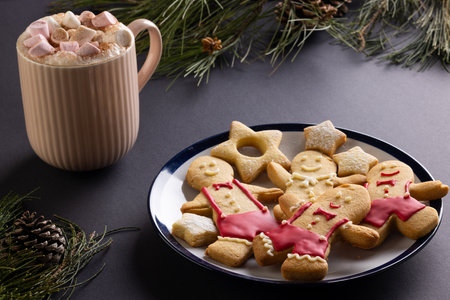 Mug of chocolate with marshmallows, plate of christmas cookies and copy space on black background....