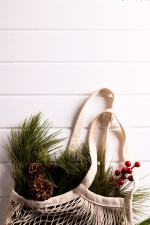 Vertical image of net bag chrsitmas decorations, fir tree branches, copy space on white background. Christmas, decorations, tradition and celebration concept.の写真素材