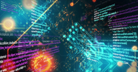 Image of circuit board pattern and computer language over black background. Digitally generated,...