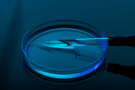 Close up of pipette and laboratory dish with liquid and copy space on blue background. Laboratory,...