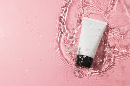 Beauty product tube in water with copy space background on pink background. Health and beauty, make up and beauty concept.の写真素材