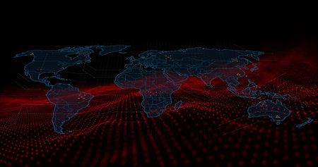 Image of earth map and dynamic wave pattern over black background. Digitally generated, hologram,...