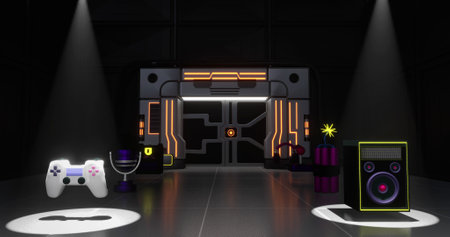 Gamepad and speaker hovering under spotlights futuristic room with electronic security door....