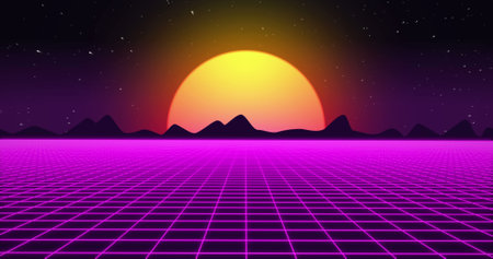 Setting sun behind mountain range over pink grid. Nature, time, future, horizon, digital interface...