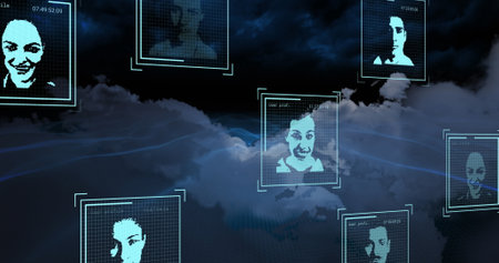Image of data processing with diverse people portraits over sky with clouds. Global business,...